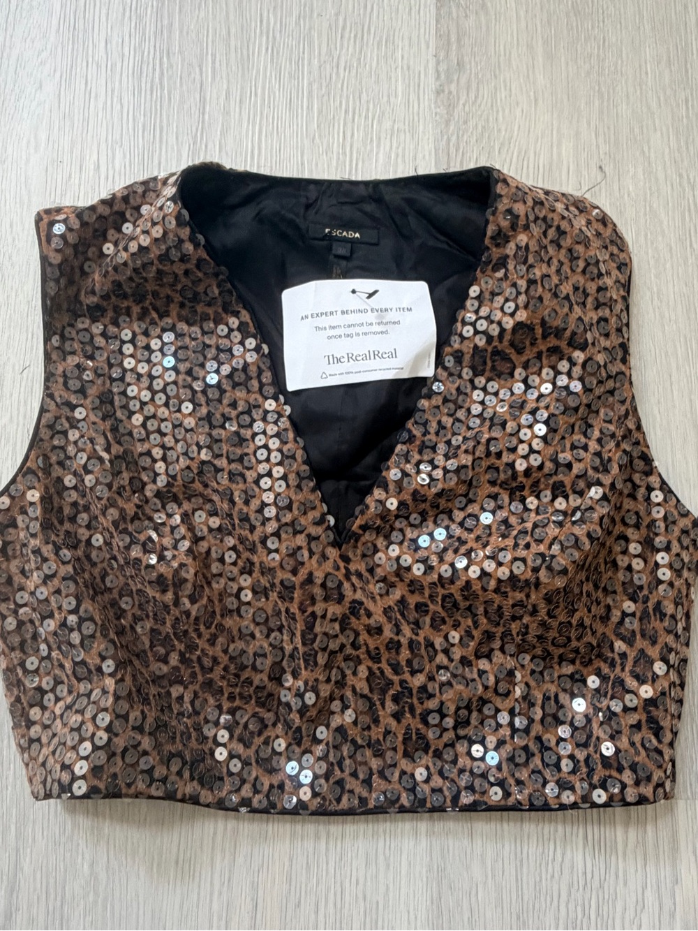 The real realAuthenticated VINTAGE ESCADA LEOPARD PRINT SEQUIN VEST/cropped top